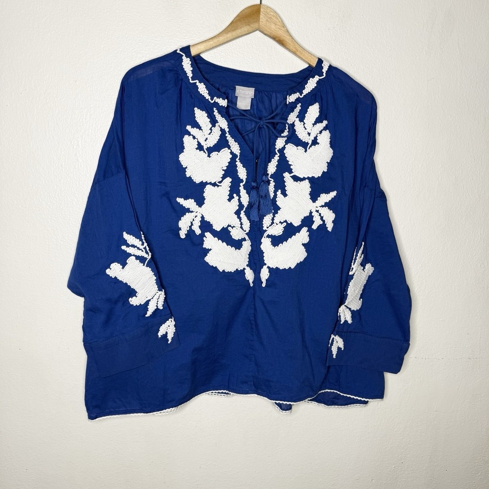 Chicos Blue White Embroidered Peasant Top Coastal Beach Size 2 US‎ 12/14